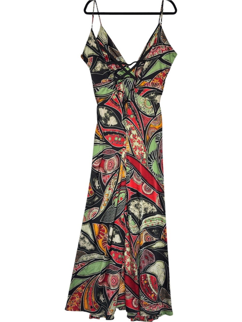 AKIRA Abstract Print Maxi Dress Size M Open Back Tie Front Spaghetti Strap - Picture 4 of 14